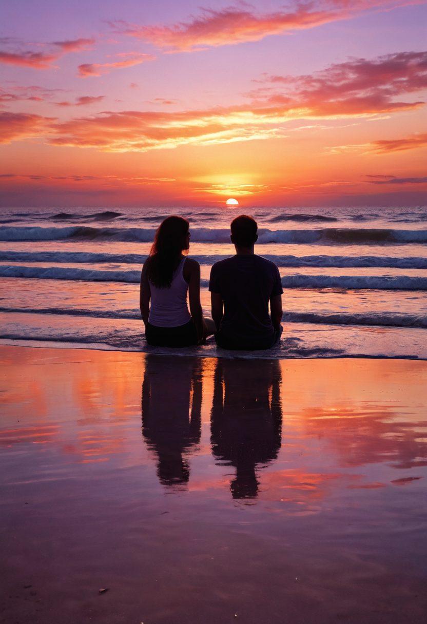 A serene scene depicting two individuals sitting closely on a beach at sunset, their silhouettes blending with the vibrant hues of orange, pink, and purple sky. Soft waves gently lap at their feet, symbolizing calmness and emotional connection. Delicate elements such as heart-shaped seashells and blossoming flowers surround them, representing affection and adoration. The atmosphere should evoke intimacy, warmth, and tranquility. super-realistic. vibrant colors. dreamy effect.