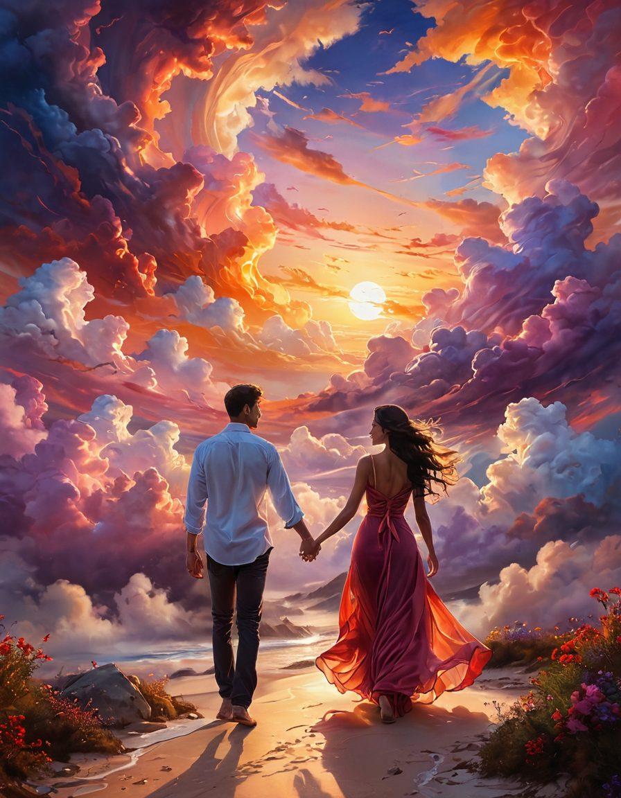 A poignant landscape depicting a journey through emotions: starting from a bright, swirling whirlwind of infatuation in vibrant hues transitioning into serene shades of deep love and adoration. Include intertwined hearts made of light leading the way, and gentle figures embracing, symbolizing connection and intimacy. Ethereal clouds above and a soft sunset in the background to evoke a sense of warmth and depth. super-realistic. vibrant colors. ethereal background.
