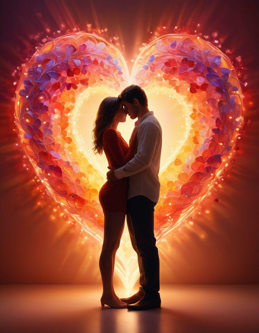 A warm and inviting scene depicting two people embracing, surrounded by delicate, softly glowing heart shapes that symbolize tenderness and commitment. The background features abstract swirls of vibrant colors representing deep emotional connections. Include gentle light rays illuminating the scene, creating a sense of warmth and intimacy. super-realistic. vibrant colors. soft focus.